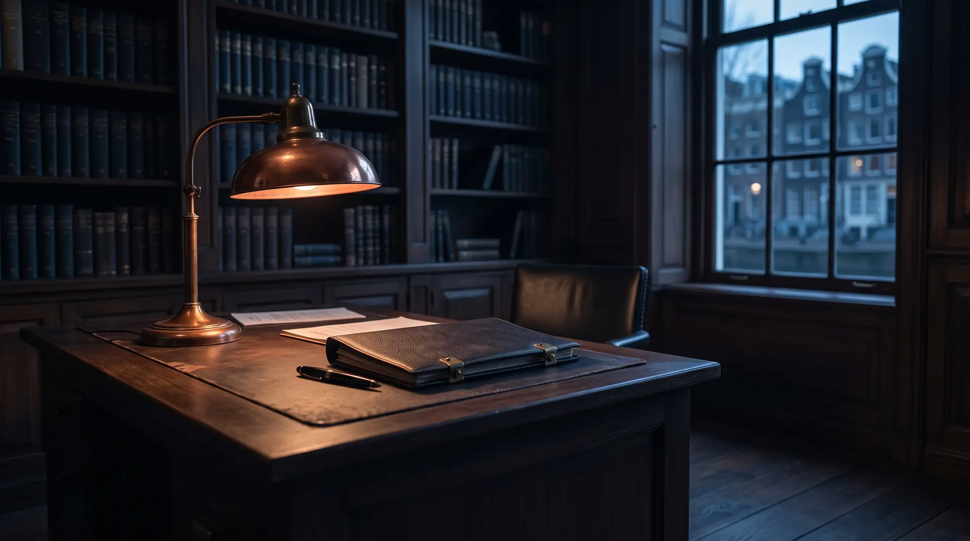 Sfeerbeeld: bureau met koperen lamp in een advocatenkantoor